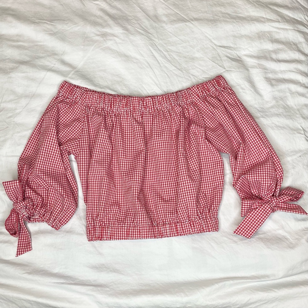 Zara Red Gingham Off Shoulder Bow Tie Top
